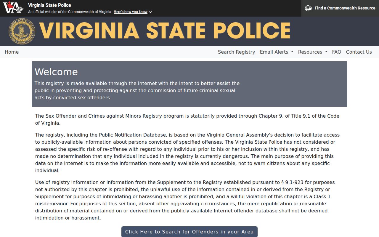 Virginia State Police registry search and map for Staunton
